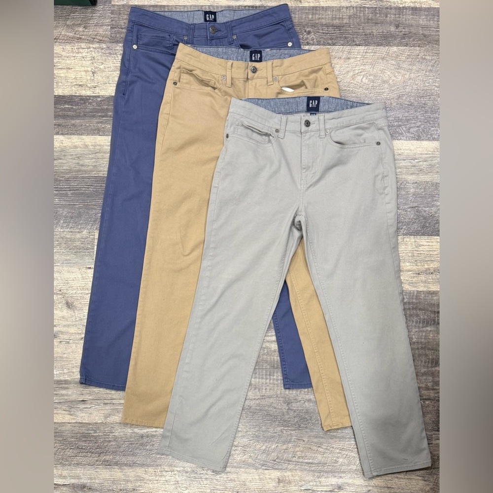 3 Pair GAP Men's Chinos - Light Gray, Tan, and Dark Blue